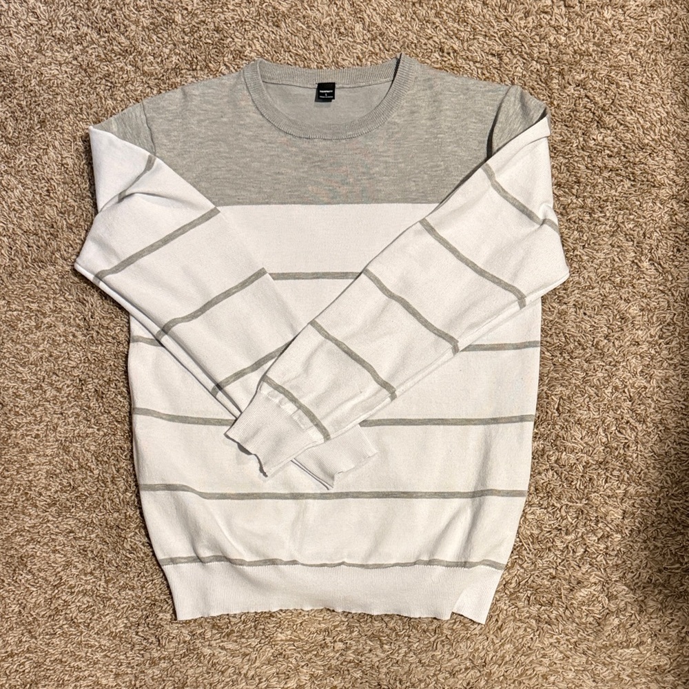 Men's Striped Crewneck Sweater - Gray and White (LARGE)